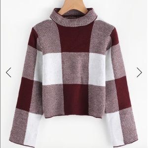 High Neck Gingham Crop Sweater